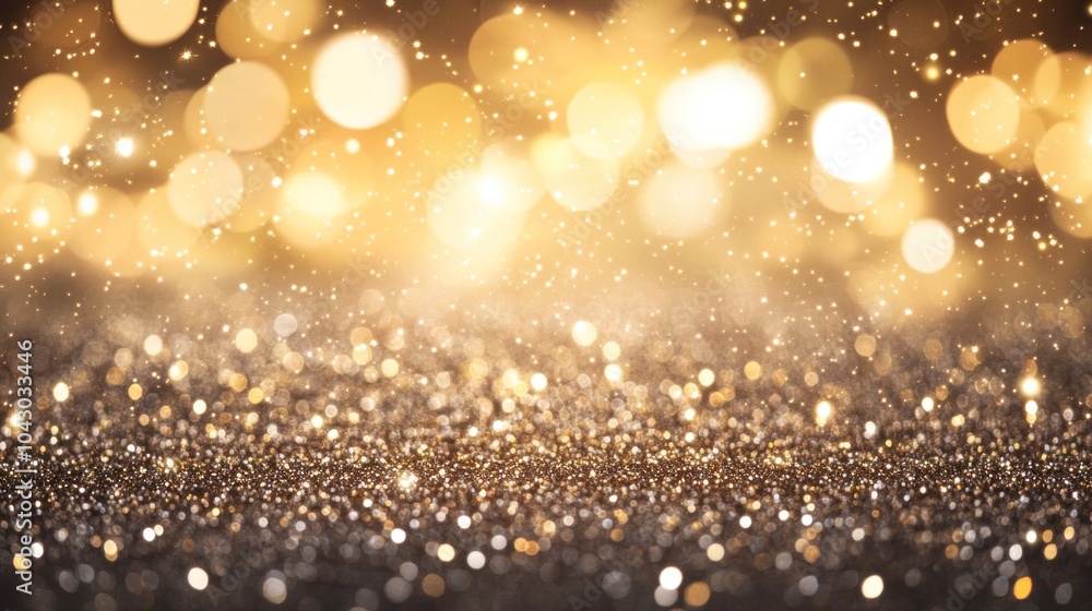 Poster gold glitter backdrop with sequins and bokeh. elegant visual effect.