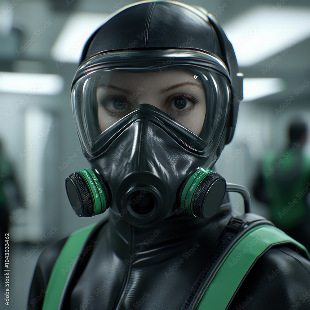 Poster exploring the intricacies of a futuristic world with a mysterious figure in a gas mask