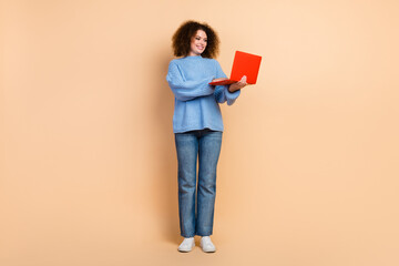 Photo of specialist young creative copywriter woman with macbook air laptop template image isolated...