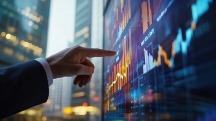 A financial hand pointing at rising financial graphs on a digital screen, with the backdrop of a modern office building
