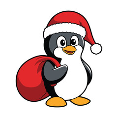 Fototapeta premium Cartoon Penguin in Santa Hat with Gift Bag