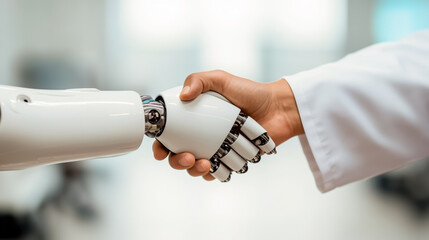Futuristic robot shaking hands with human