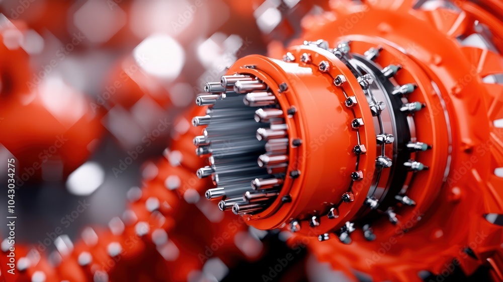 Poster close-up of a red mechanical component showcasing industrial precision and design elements