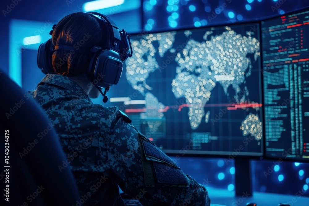 Poster military analyst engaging with global cybersecurity operations and data visualization