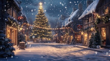 Snow-covered Christmas town with shining tree and festive shop windows. Magical holiday atmosphere