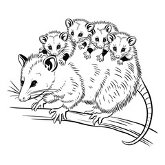 Opossum mother carrying babies on her back black and white illustration
