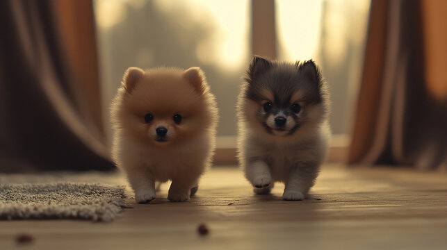 Two different Pomeranian puppies are constantly busy at home