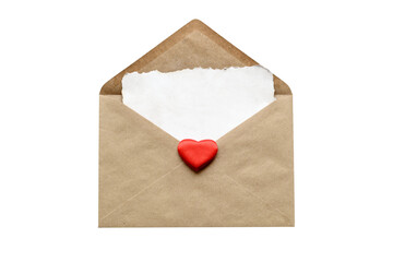 Kraft envelope with a white blank postcard and a heart on a transparent background. The concept of...