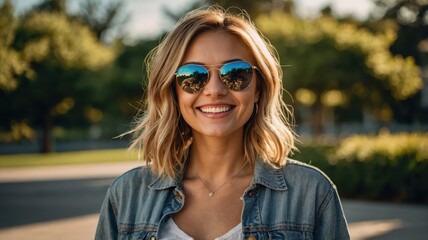 A woman in stylish sunglasses smiles brightly in a lush green park, enjoying the warm sunlight and peaceful atmosphere, radiating happiness and relaxation