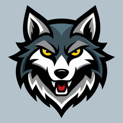 Wolf head mascot logo with aggressive features, designed for a sports team