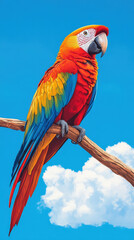 Fototapeta premium Colorful parrot perched on branch under blue sky