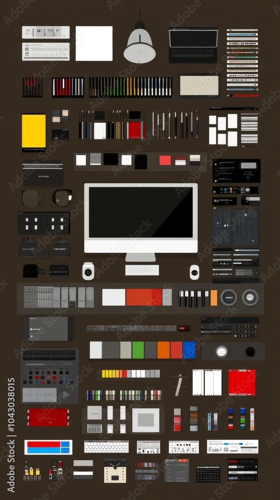 Poster a collection of various flat design icons for user interface elements, including buttons, sliders, m