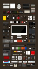 Naklejka premium A collection of various flat design icons for user interface elements, including buttons, sliders, menus, and more.