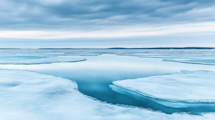 Obraz premium A quiet winter day reveals stunning ice formations floating on a calm lake, harmonizing with the soft hues of the sky, creating a tranquil atmosphere that invites reflection