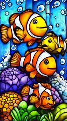 A colorful illustration of three clownfish swimming amongst coral reefs.