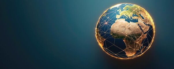 A glowing globe with interconnected lines representing global connectivity, set against a dark background.