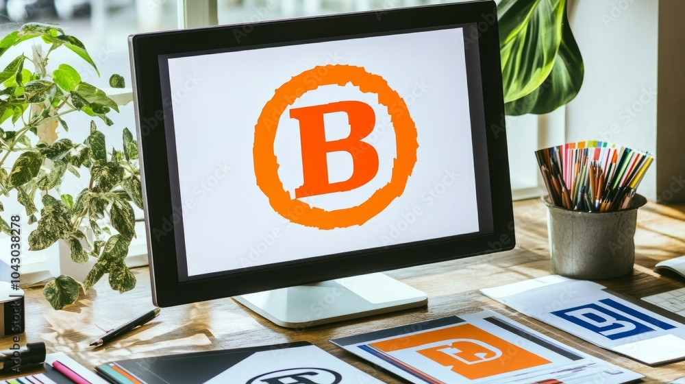 Poster a computer screen displays a logo with the letter b in a circle.