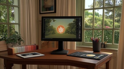 A computer monitor on a wooden desk with a tablet, pencils, and a color chart in a home office.