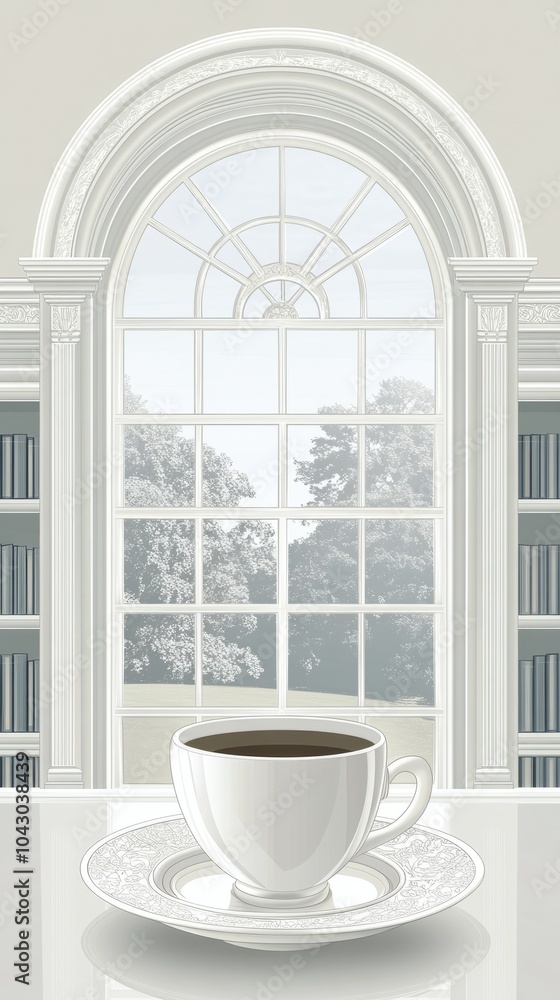 Poster A cup of coffee on a table in front of a large arched window with a view of trees outside.