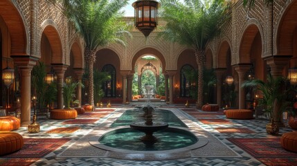 Obraz premium Luxurious indoor courtyard with palm trees and a central fountain.
