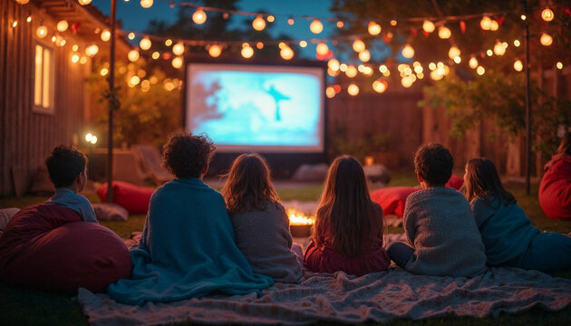 Cozy backyard cinema with kids watching a movie under string lights, creating a festive and magical atmosphere.