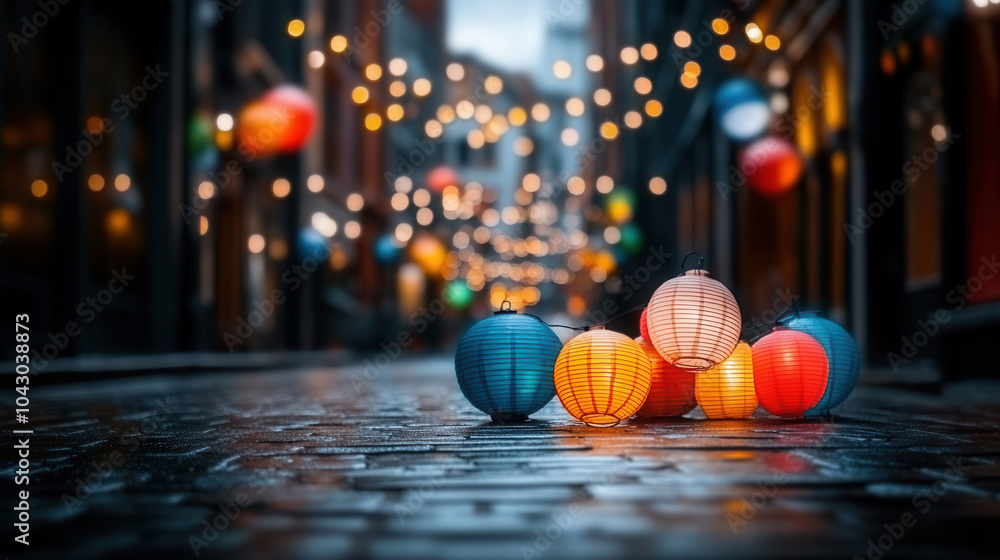 Poster colorful lanterns illuminate cobblestone street, creating warm and inviting atmosphere. soft glow of