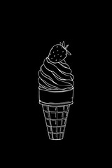 Sketch illustration of ice cream white line texture cute ice cream with strawberry in a waffle cup cone black background. Printing on fabrics print for clothing stationery