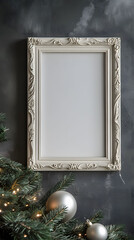 A festive Christmas wreath and frame decorated with branches, cones, and holiday ornaments featuring winter elements and green pine, perfect for a holiday card or celebration illustration