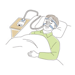 睡眠時無呼吸症候群の治療用器具をつけて寝ている中年男性