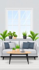 Fototapeta premium A modern living room with a white sofa, coffee table, and plants.