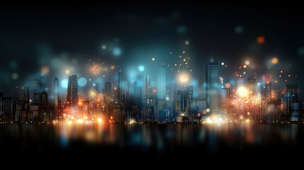 Obraz premium vibrant city skyline illuminated by colorful fireworks, creating festive atmosphere. bright bursts of light reflect beautifully on water, enhancing celebratory mood