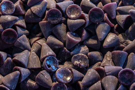 A full frame photograph of cuberdon sweets for sale on a market stall
