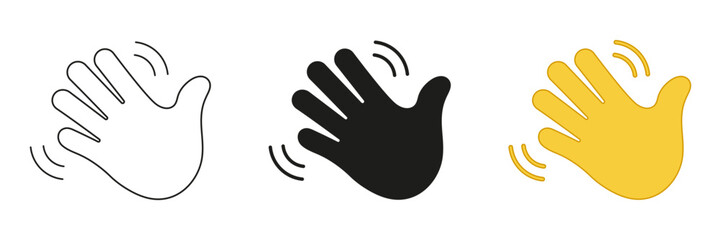 Waving Hand Emoji Icon. Friendly Greeting Line and Silhouette Sign. Gesture of Hello or Goodbye Symbol. Editable Stroke. Isolated Vector Illustration