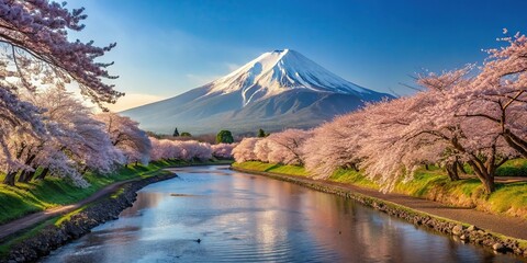 Fuji mountain landscape cherry blossom river Tilted Angle