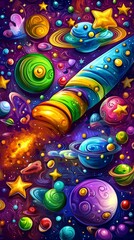 Fototapeta premium A rainbow-colored rocket flies through a colorful space filled with stars and planets.
