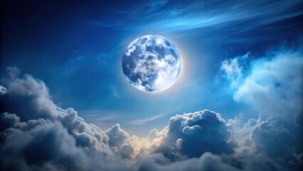 Obraz premium Full moon illuminates dark blue sky through wispy clouds