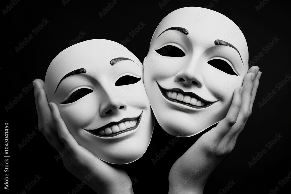 Poster two white masks with smiling faces are being held by a person. masks are of the same size. smiling m