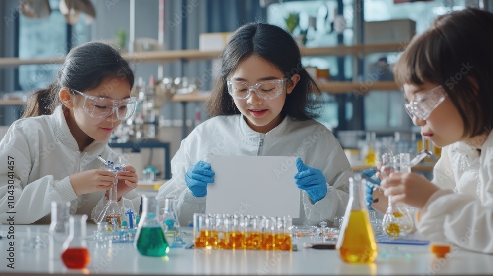 Poster three children in lab coats conducting experiments with colorful liquids in a science setting.