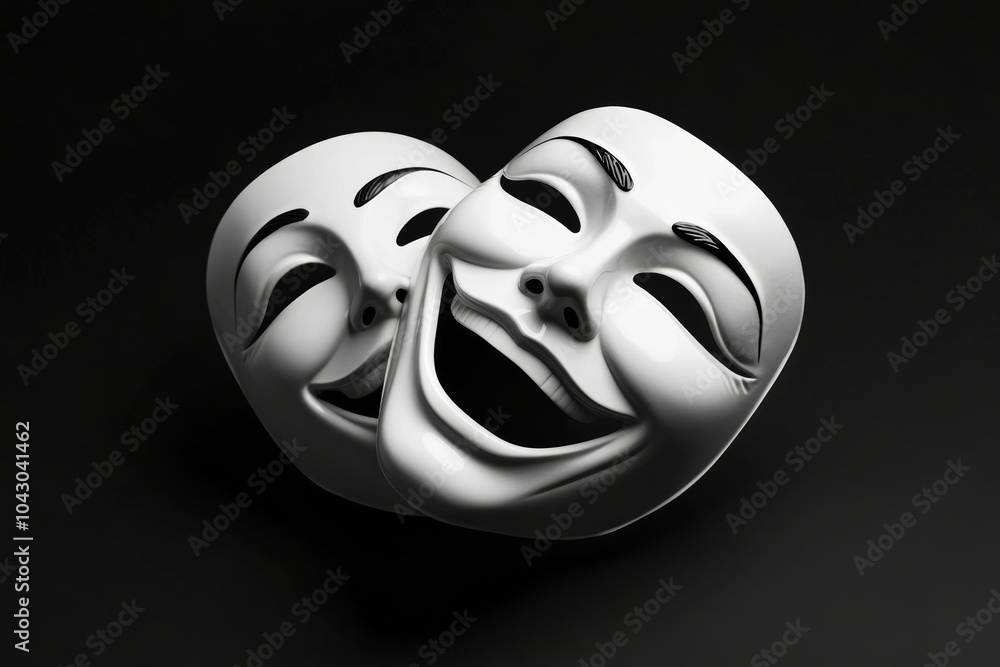 Poster two white masks with smiling faces are being held by a person. masks are of the same size. smiling m