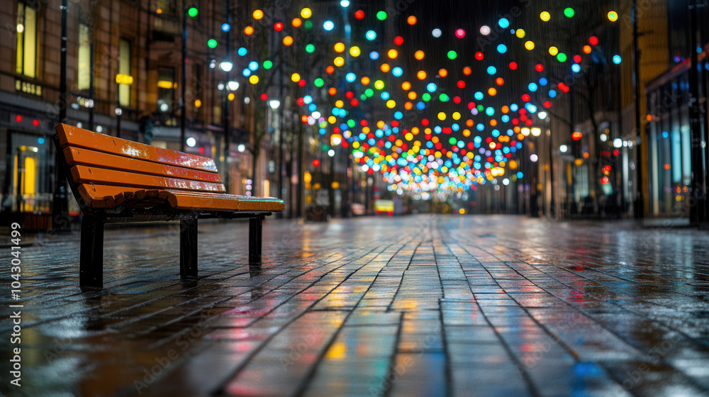 Poster vibrant street scene featuring colorful string lights illuminating wet pavement, creating festive at