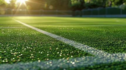 Naklejka premium Close up of a lush green sports field bathed in sunlight with distinct white markings