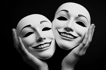 Two white masks with smiling faces are being held by a person. Masks are of the same size. smiling mask in front of a frowning face, symbolizing conflict between appearance and reality in happiness.