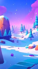 Fototapeta premium A snowy landscape with a winding river, a large rock in the background and a purple sky.