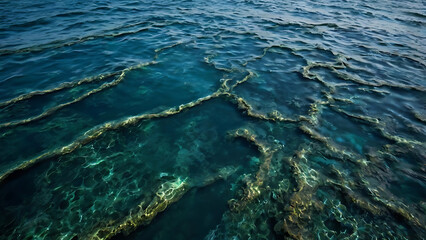 A murky, lifeless expanse of ocean water, symbolizing an expanding ocean dead zone devoid of oxygen and marine life due to pollution and warming seas.