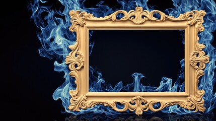 An ornate golden picture frame surrounded by blue flames against a dark background, creating a striking visual contrast for artistic displays.