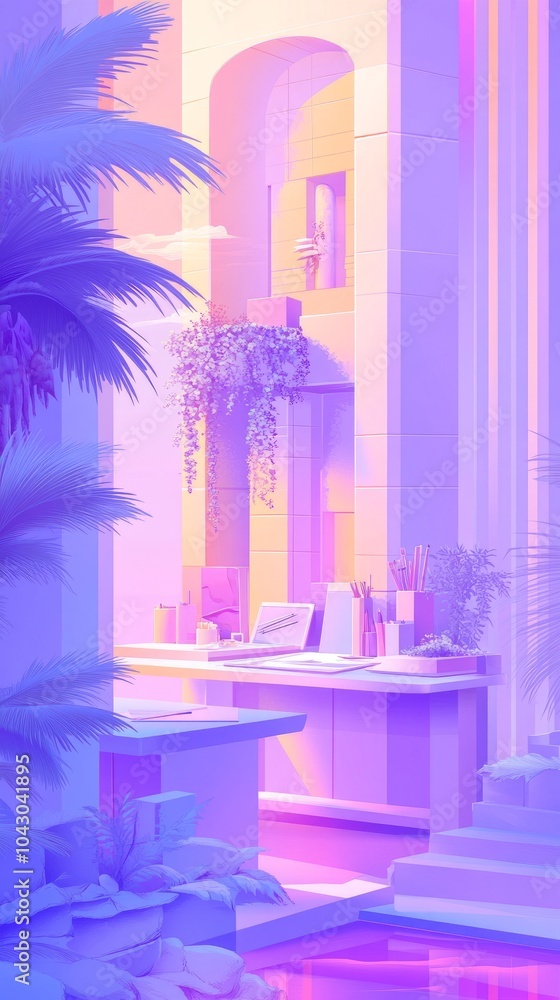 Poster a surreal and colorful scene of a desk with a computer and plants in a futuristic interior.