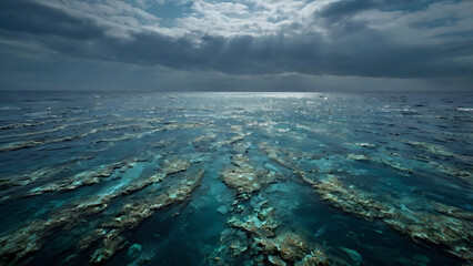 A murky, lifeless expanse of ocean water, symbolizing an expanding ocean dead zone devoid of oxygen and marine life due to pollution and warming seas.