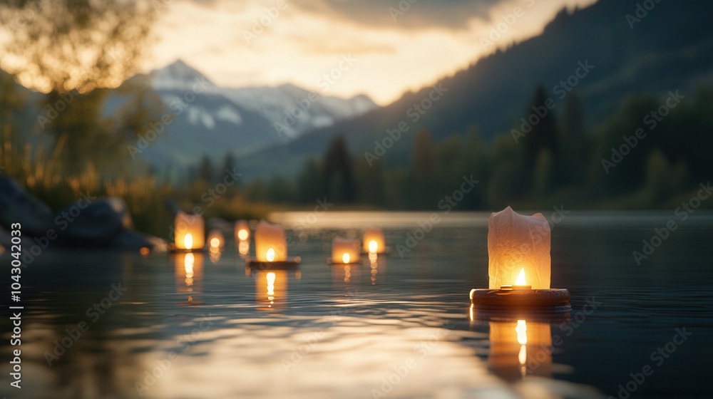 Poster floating lanterns softly reflecting on surface of serene lake, surrounded by mountains and lush gree