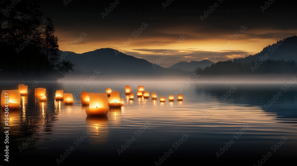 Poster serene floating lanterns softly reflecting on calm water surface at dusk, creating tranquil atmosphe