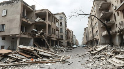 A war-torn city street, littered with rubble and destroyed buildings